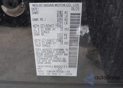 2020 Nissan Rogue S Fwd z USA, uszkodzony, nr VIN 5N1AT2MT6LC800151